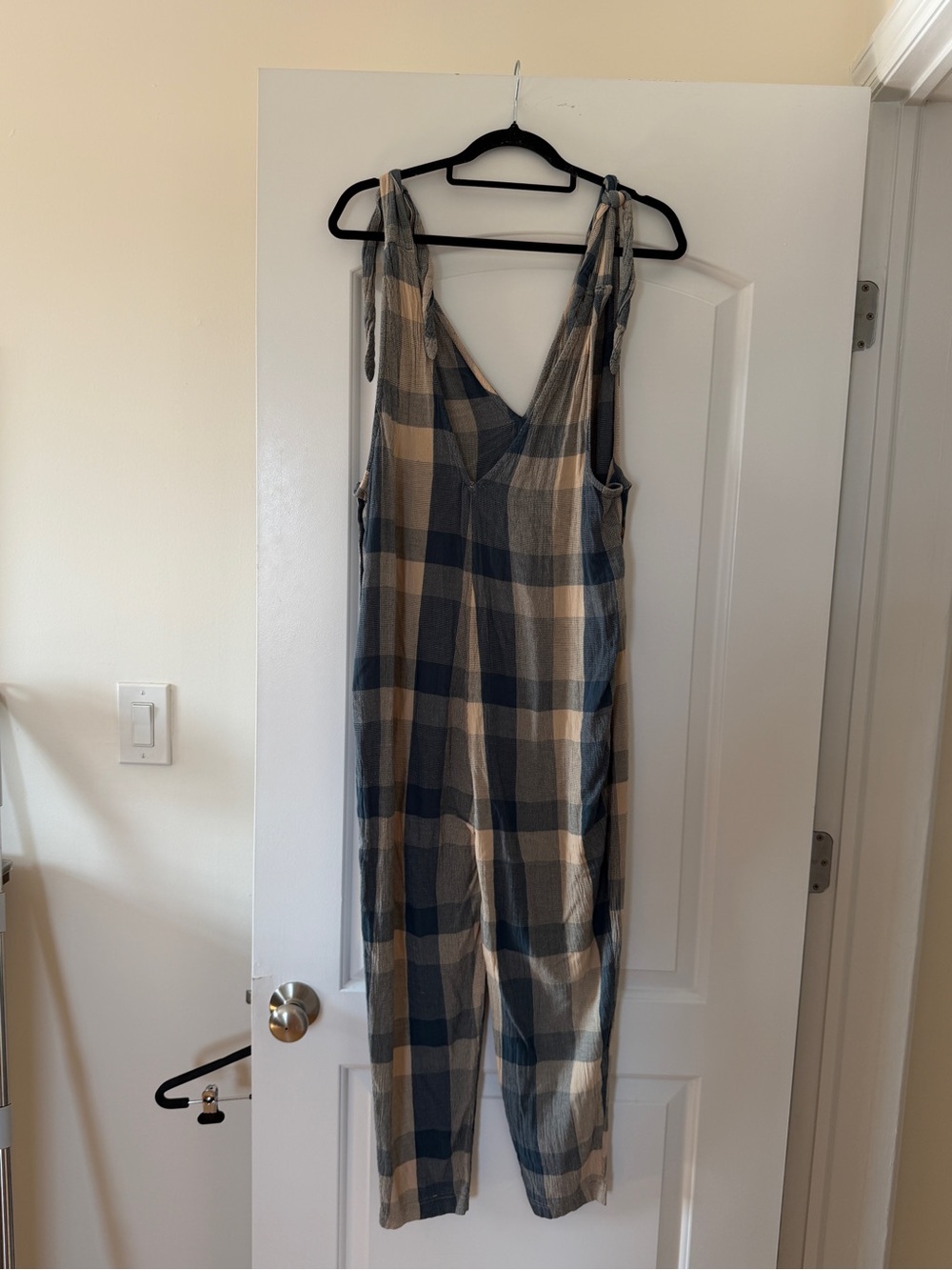 Free People Plaid Tie-Shoulder Jumpsuit in Navy & Beige